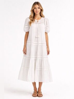 Seraé Thea Boho Maxi Dress White Medium Lace Trim Puff Sleeve Tiered